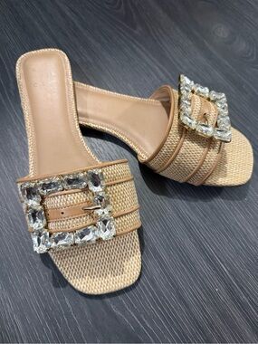 a new day Tan Woven Slide Sandals with Crystal Buckle